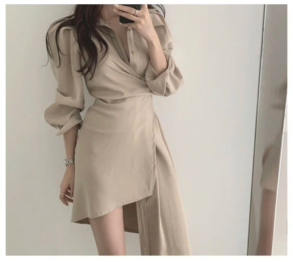 Early Autumn Shirt Dress Women's Mid-Length Asymmetrical Single-Button Notch Collar Slimming Style Commute Fashion