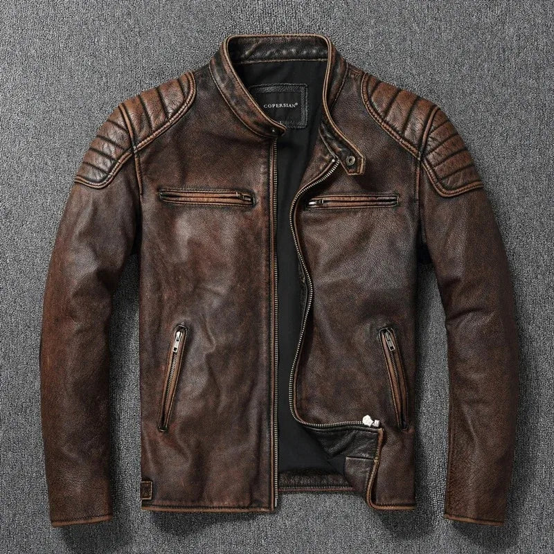 New 100% Cowhide Leather Jacket men Top Layer Clothes Men's Stand Collar Motorcycle Clothes  Autumn Winter Plus Size motorcycle