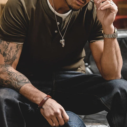 Cotton Men's Henry T-Shirts Soft Breathable Vintage Tops Tee Shirt Solid Casual Classic Buttons Shirt Hot Man Clothing