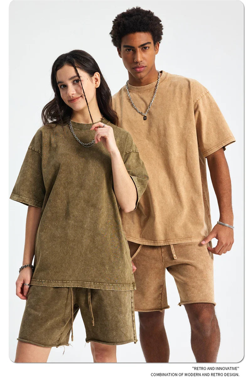 2025 High Street Summer Washed Cotton T-Shirt Tees For Men Unisex Loose Retro Solid T Shirts Brand Tops HY0113