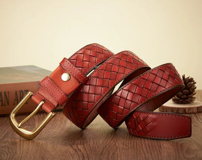 3.8cm Copper Buckle Designer Cowskin Real Genuine Leather Belts For Men Luxury Woven Cowboy Braided Male Strap for Jeans