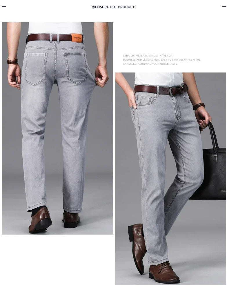 2024 Brand Thin or Thick Material Straight Cotton Stretch Denim Men's  Business Casual High Waist Light Grey Blue Jeans