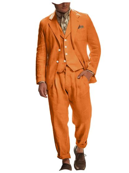 Italian Style Men's Linen 3 Piece Set Notch Lapel 2 buttons Blazer+Vest+Pants Breathable Lightweight Summer Casual Business Suit
