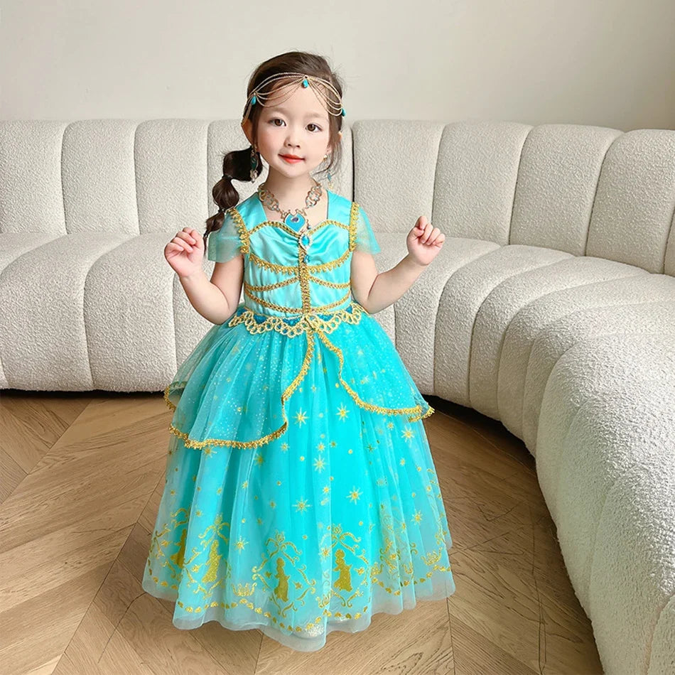 Girl Halloween Princess Dress Aladdin Magic Lamp Jasmine Dress Girl Fancy Mesh Ball Gown Childrens Day Gifts Carnival Costume