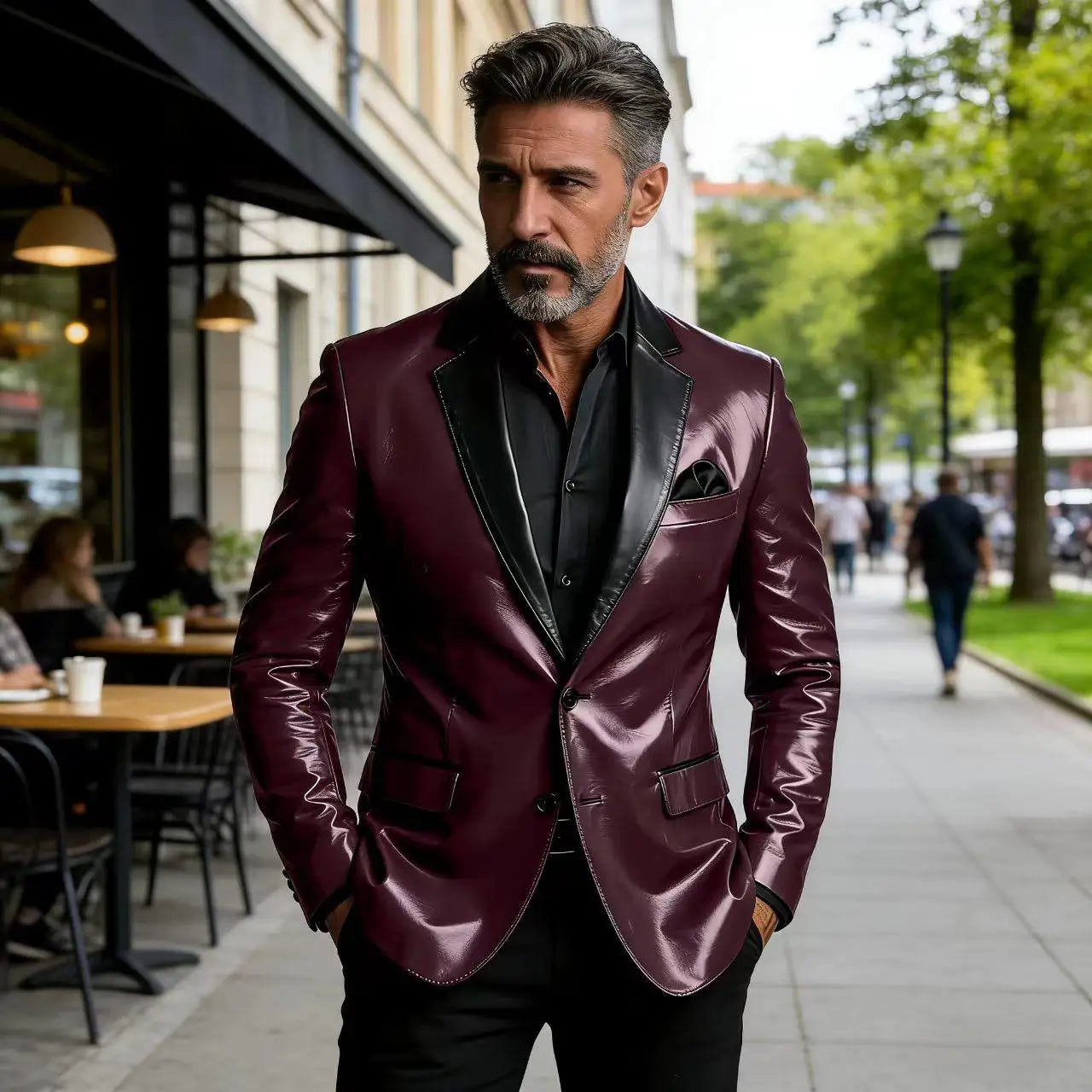 Men's Shiny Patent Leather Blazer Contrast Notch Lapel Two Button Suit Jacket Luxury Casual Business Formal Coat Party Wedding
