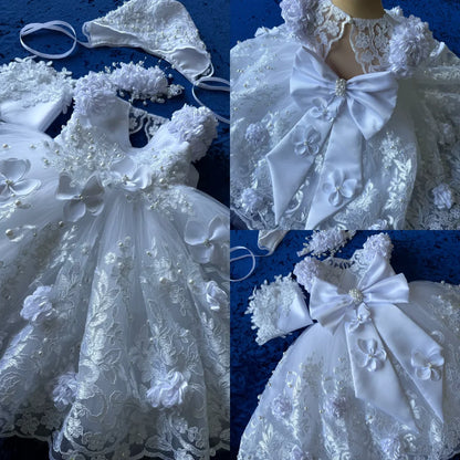 Cute Lace Baptism Christening Gown With Bonnet Outfit Baby Girls White Party Birthday Gown Wedding 3D Flower Girl Dress