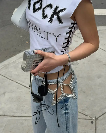 Y2K American Retro Star Cut-Out Embellished Women Blue High-Waisted Fashion Hip-Hop Streetwear Casual Loose Denim Jeans