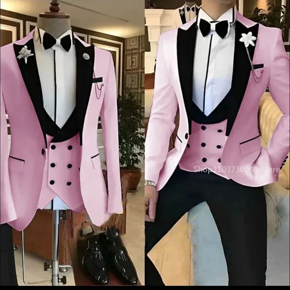 Solid Men's 3 Pieces Suit One Button Peak Lapel Jacket Vest Trousers Dinner Wedding Groom Tuxedos Slim Fit Formal Business Suits
