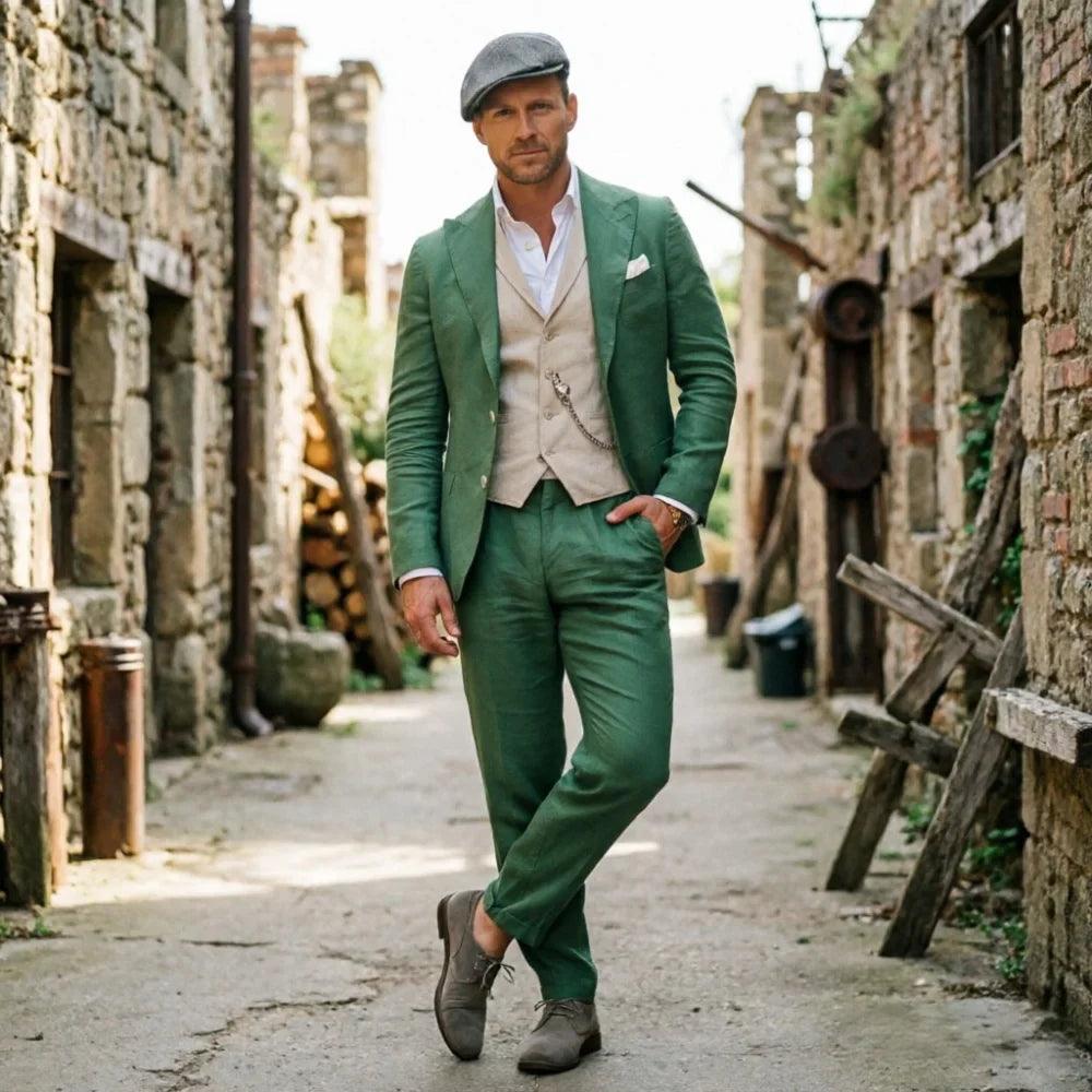 Sage Green Linen Men 3 Piece Suit Breathable Slim Fit Summer Beach Formal Wear For Wedding Business Party Occasion Outfit