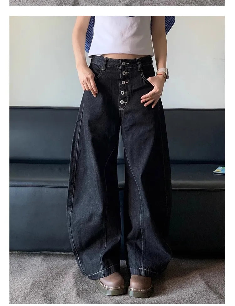 American Retro High Street Button Design Bootcu Bla Knife  Wide Leg Loose Long Jeans for Men And Women Trendy