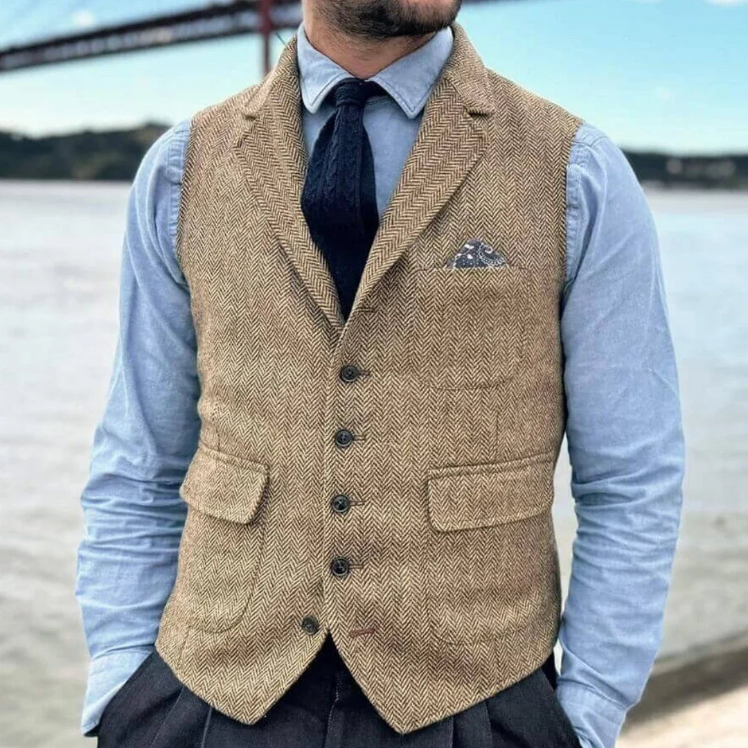 Men Vest Khaki Herringbone Single Button With Lapel Waistcoat For Banquet Party Business Office Work Casual Daily Men Suit Vest