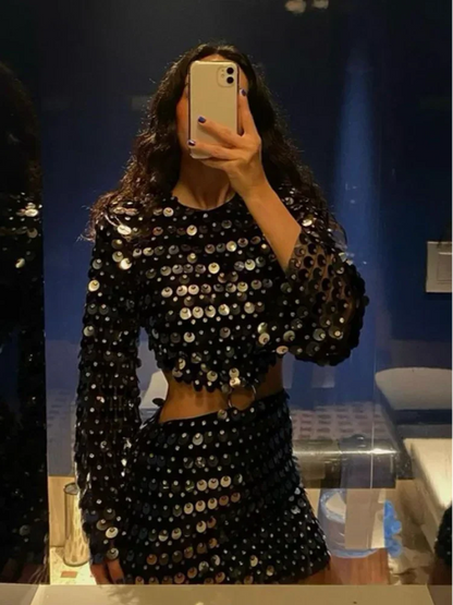 Shiny Sequins Dresses Women Sexy Flare Sleeve Slim Fit Hollow Out Mini Dress Elegant Sparkling Club Party Outfits Female