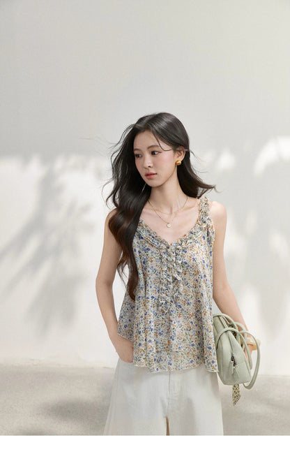 Fashion Floral Ruffles Camis For Women 2026 Summer New Loose A-Line Slimming Design Double Hem Vacation Top MXF26X2666