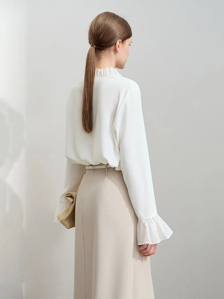 Minimalist Chiffon Shirt For Women 2025 Autumn New Office Lady V-neck Ruffle Splicing Loose Long Sleeved Blouse 12511078