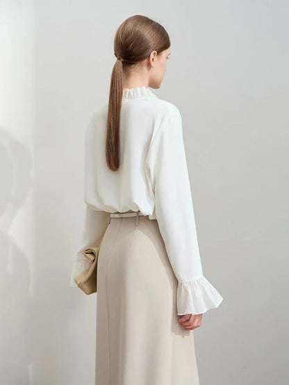 Minimalist Chiffon Shirt For Women 2025 Autumn New Office Lady V-neck Ruffle Splicing Loose Long Sleeved Blouse 12511078