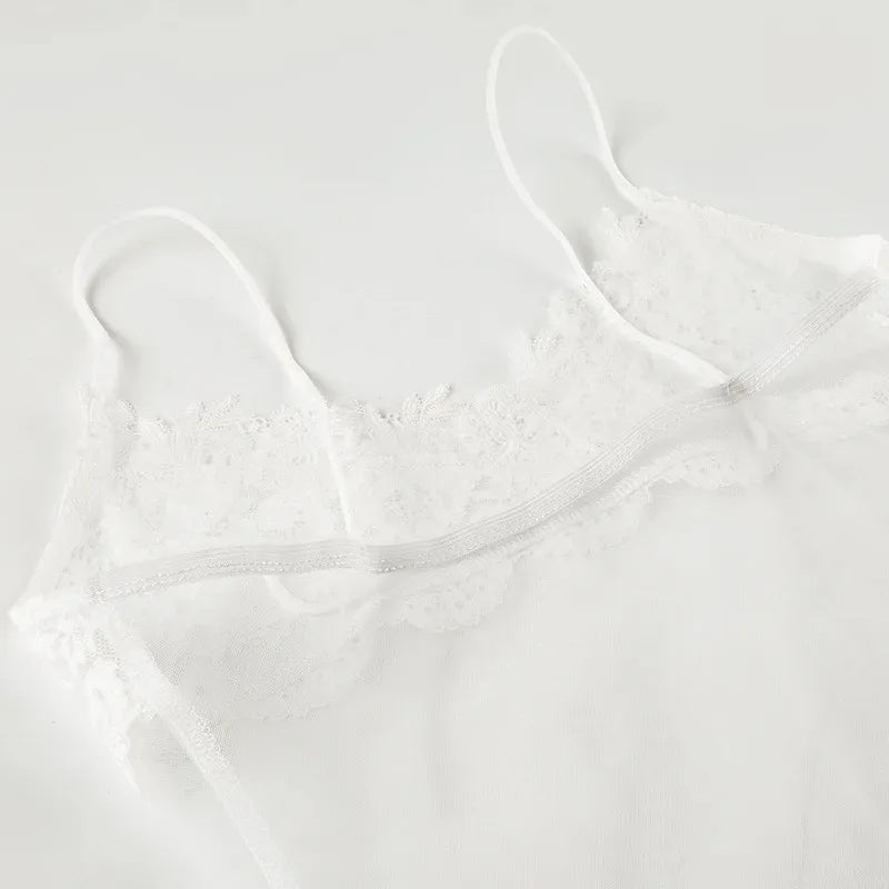 Lace Transparent Mini Dress Sexy Women Wrapping Spaghetti Embroidery Flower Sheath Nightwear Club Mesh Wave Fantacy