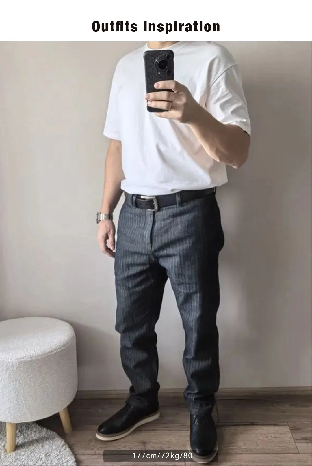 Men's Vintage 12.8oz Grey Striped Jeans Straight Zip Fly with Pockets Tapered Pants Versatile Herringbone Cotton Trousers