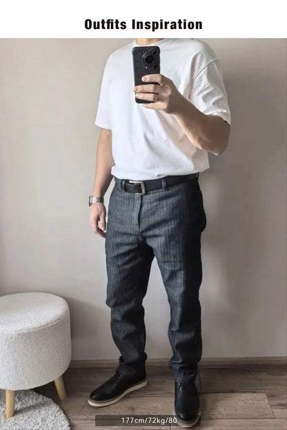 Men's Vintage 12.8oz Grey Striped Jeans Straight Zip Fly with Pockets Tapered Pants Versatile Herringbone Cotton Trousers