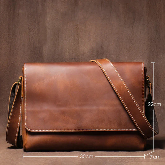 Men's High Quality Genuine Leather Shoulder Bag Vintage Flap Crazy Horse Cowhide Messenger Bag Daily Casual Crossbody Bags