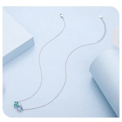 925 Sterling Silver Necklace Blue Green Stone  White Gold Zirconia Pendant Adjustable Chain for Women Fine Jewelry Gift