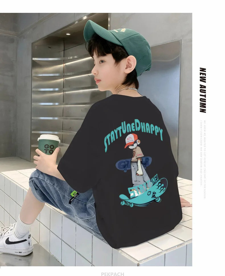 Teens Boy New Summer Clothing Set Cartoon Outfit Children Casual Short Sleeve T-shirt + Denim Shorts 2 Pieces Clothes Tracksuit