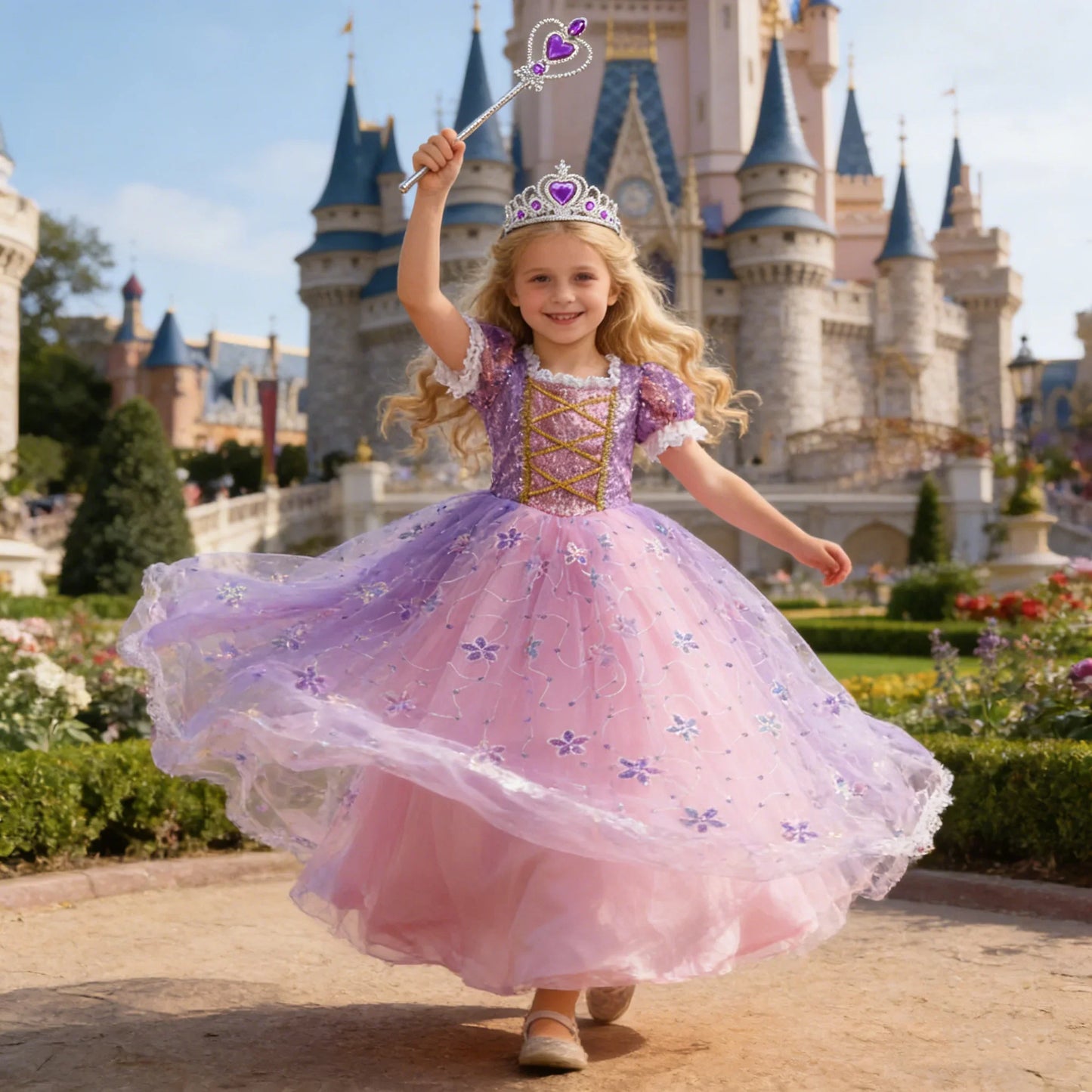 Girl Rapunzel Dress Kids Carnival Princess Costume Children Luxury Print Ball Gown Lace Sequin Gradient Fluffy Frocks