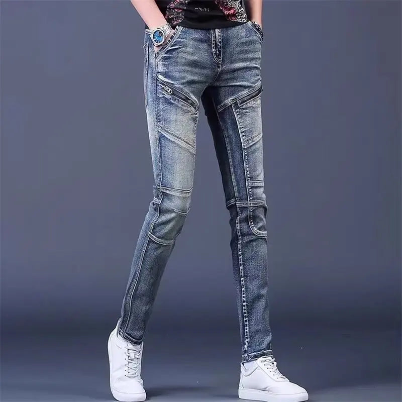High-End Men's Slim Fit Jeans with Zipper Splicing Elastic Casual Long Trousers Trendy Retro Style Cotton Stretch Denim