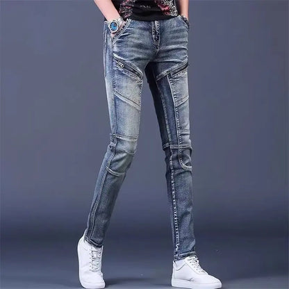 High-End Men's Slim Fit Jeans with Zipper Splicing Elastic Casual Long Trousers Trendy Retro Style Cotton Stretch Denim