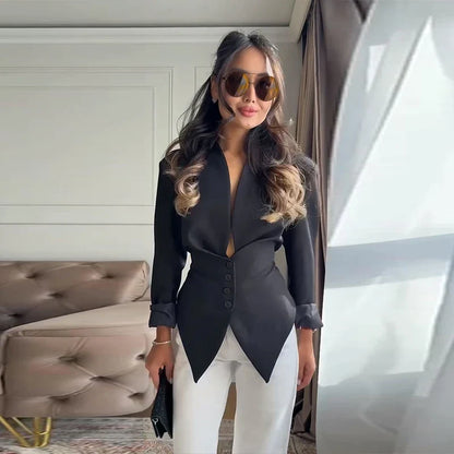 Chic Pleated Waist Cinched Women's Jacket V Neck Single Breasted Lace Up Blazer Coat Lady 2026 Casual Slim Commute Outerwear