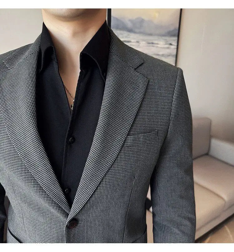 Korean Vintage Elegant Men's Business Slim Fit Suit Jacket 2026 New Fashion Lapel Single Breasted Men Social Party Dress Coats