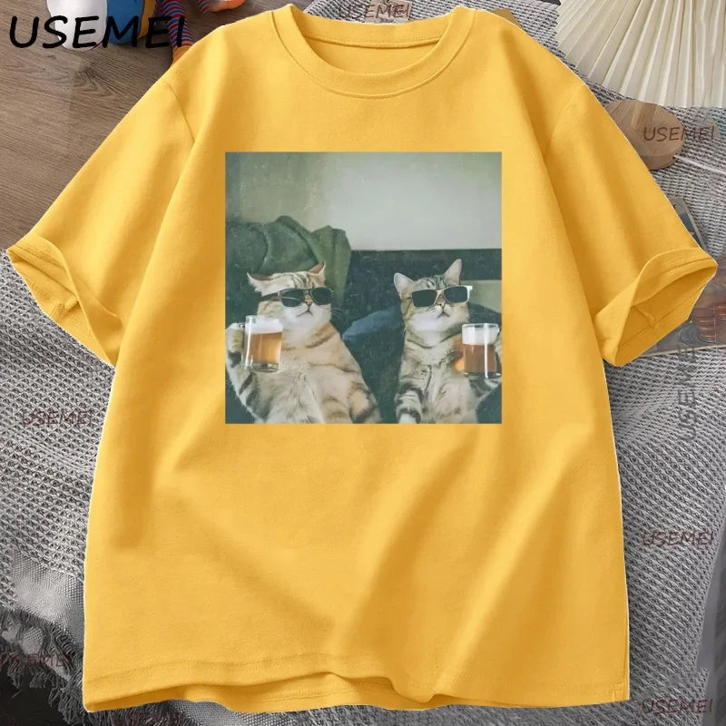 Funny Cool Cat Drinking Beer T-shirt Casual Cotton Short Sleeve T Shirt Man Clothes Harajuku Round Neck Men's Designer Tops