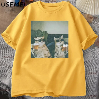 Funny Cool Cat Drinking Beer T-shirt Casual Cotton Short Sleeve T Shirt Man Clothes Harajuku Round Neck Men's Designer Tops