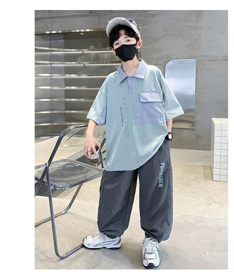 School Boys Fashion Summer Top And Bottom Clothes Set Polo Shirt + Pants 2 Pieces Clothing Suit Kids Children Casual Tracksuit