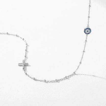 Simple Cross Beads Necklace Real 925 Sterling Silver Blue Zirconia Eye Link Chain Necklaces For Women Party Fine Jewelry