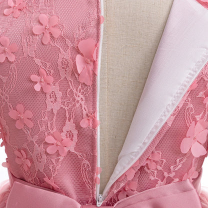Long Sleeve Flower Bridesmaid Girls Dress Children Christmas Costume Lace Bow Princess Kids Dressees For Girl Party Wedding Gown