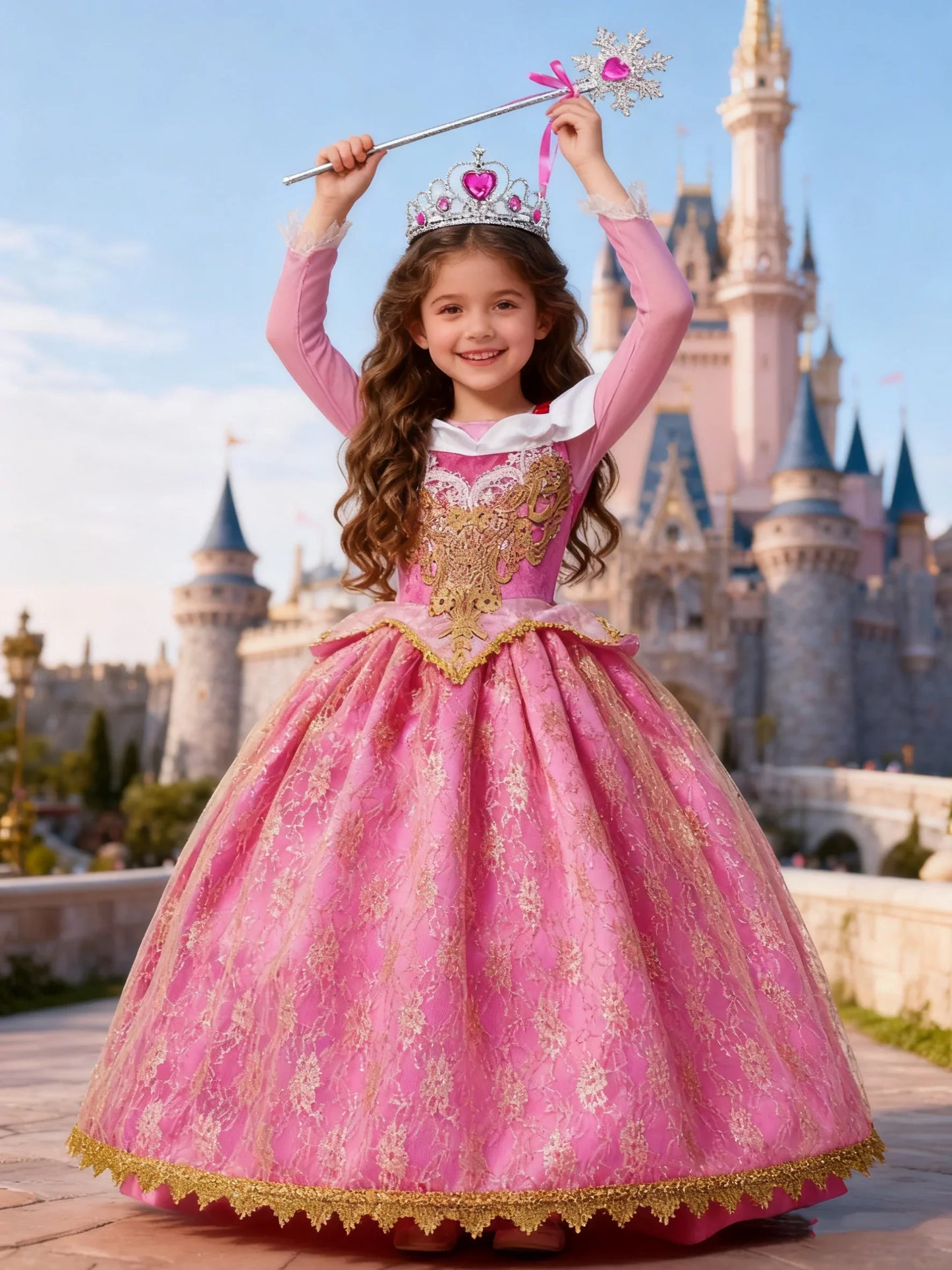 Girl Aurora Princess Dress Children Luxurious Cosplay Costume Rose Pink Briar Rose Outfit Kids Carnival Birthday Party Clothing