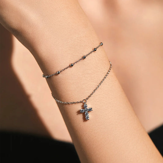 Bracelet exquis en argent sterling 925 avec croix et zircones cubiques, empilable, double couche, chaîne à maillons et perles, pour femmes, bijoux fins