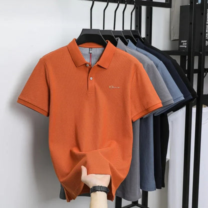 Brand 100%pure cotton short sleeve polo shirt men's new fashion letter embossed business casual solid color summer lapel T-shirt