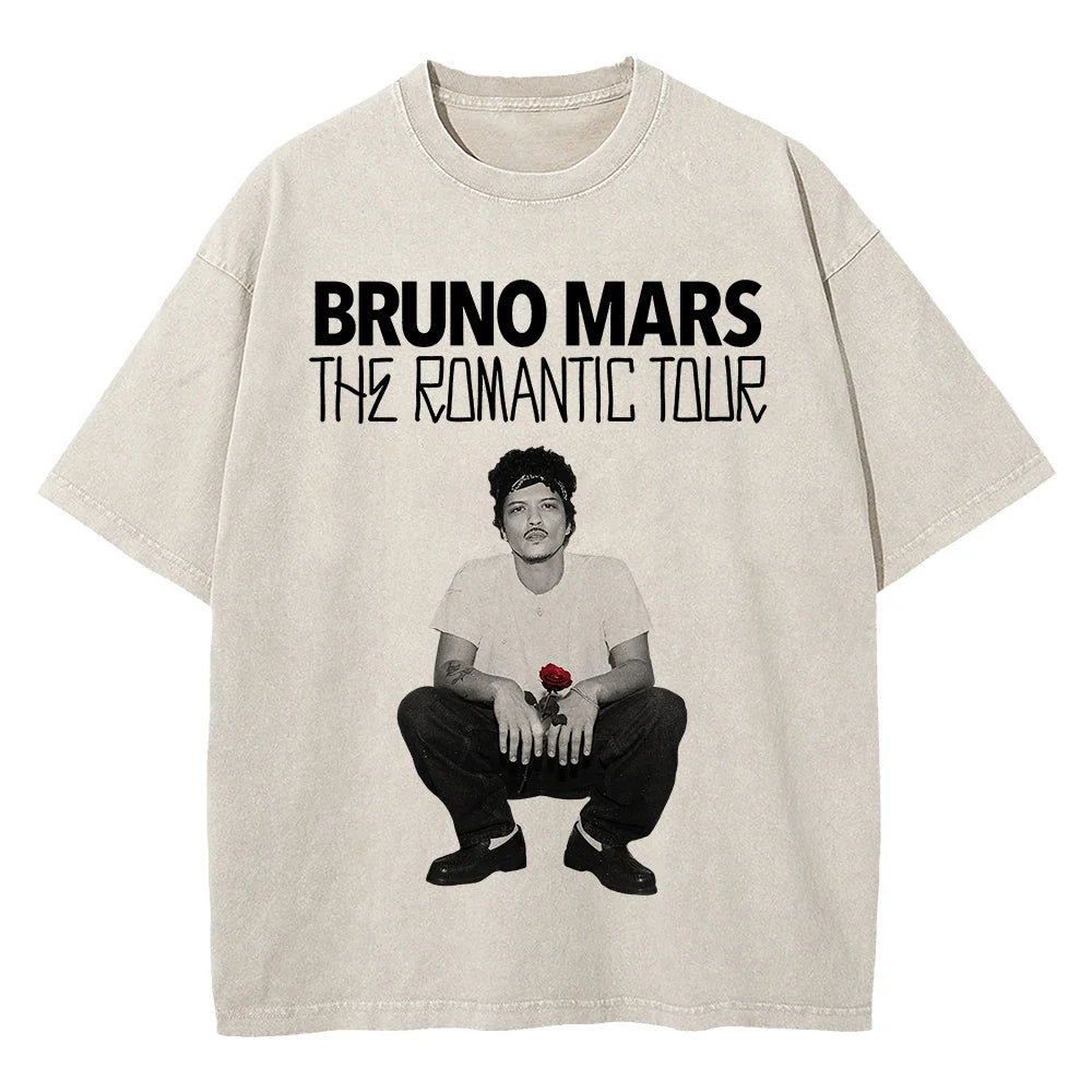 100% Cotton Vintage Washed Bruno Mars The Romantic Tour 2026 T Shirt Fashion Men/Women Retro Oversized Loose Acid Wash Tee Shirt
