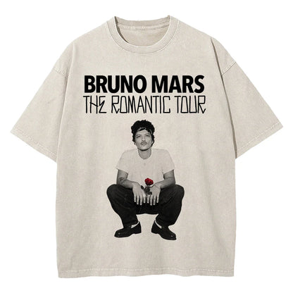 100% Cotton Vintage Washed Bruno Mars The Romantic Tour 2026 T Shirt Fashion Men/Women Retro Oversized Loose Acid Wash Tee Shirt
