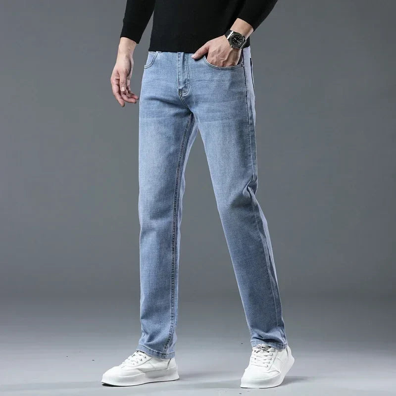 Fashion Light Blue Slim Straight Jeans Men's Spring Autumn Elastic Comfortable Denim Pants Korean Casual Business Trousers