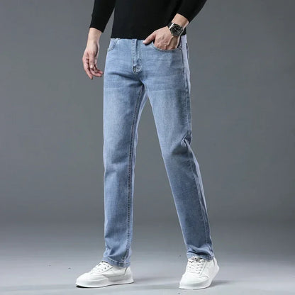 Fashion Light Blue Slim Straight Jeans Men's Spring Autumn Elastic Comfortable Denim Pants Korean Casual Business Trousers