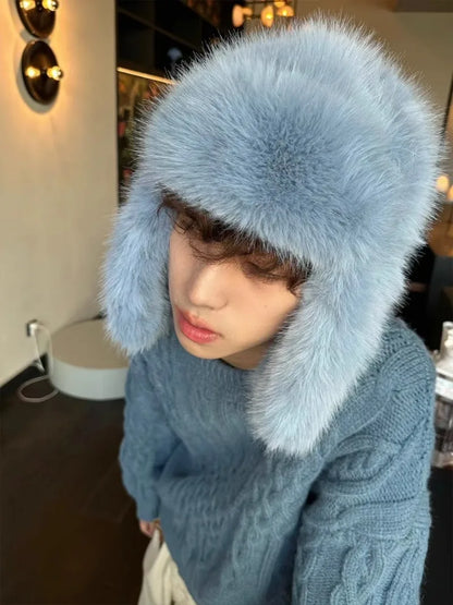 Fluffy Imitation Mink Fur Bomber Hats Men's Autumn and Winter Korean Version Plush Pilot Hat Female Ins Blogger Cycling Cold Hat