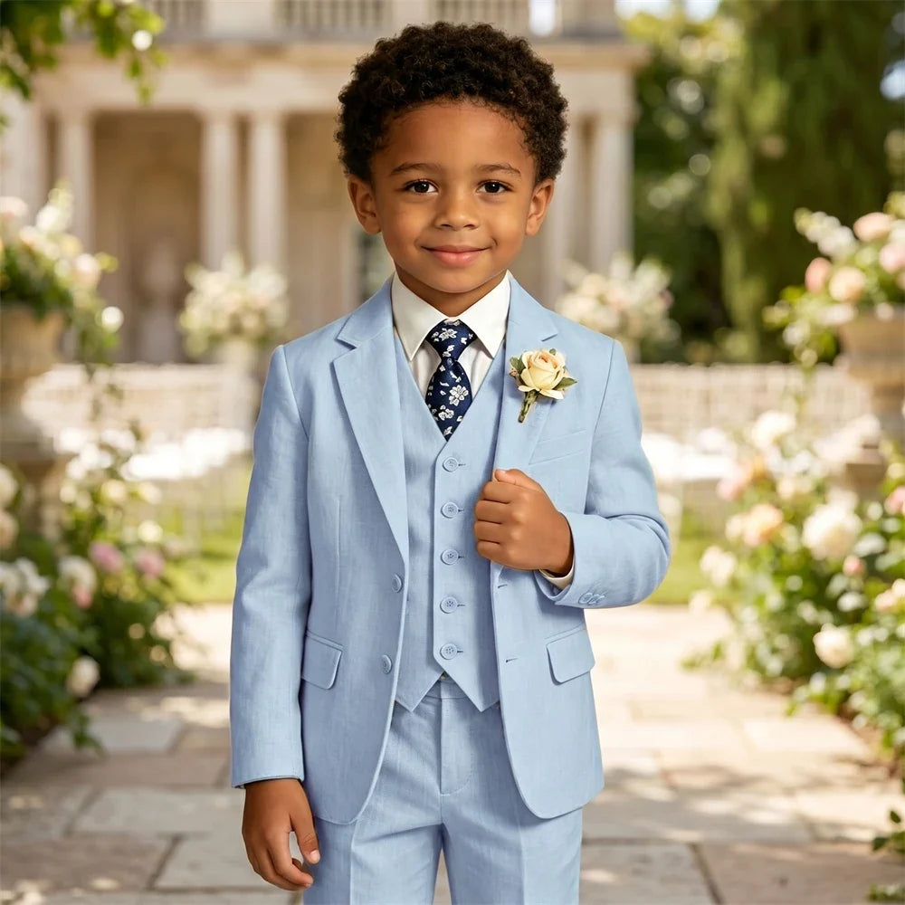 Boy's Linen Suit , 4 Piece Regular Fit Tuxedo for Kids, Jacket Vest Pants Tie Communion Piano Preformance Ring Bearer Suits