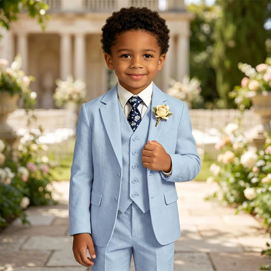 Boy's Linen Suit , 4 Piece Regular Fit Tuxedo for Kids, Jacket Vest Pants Tie Communion Piano Preformance Ring Bearer Suits