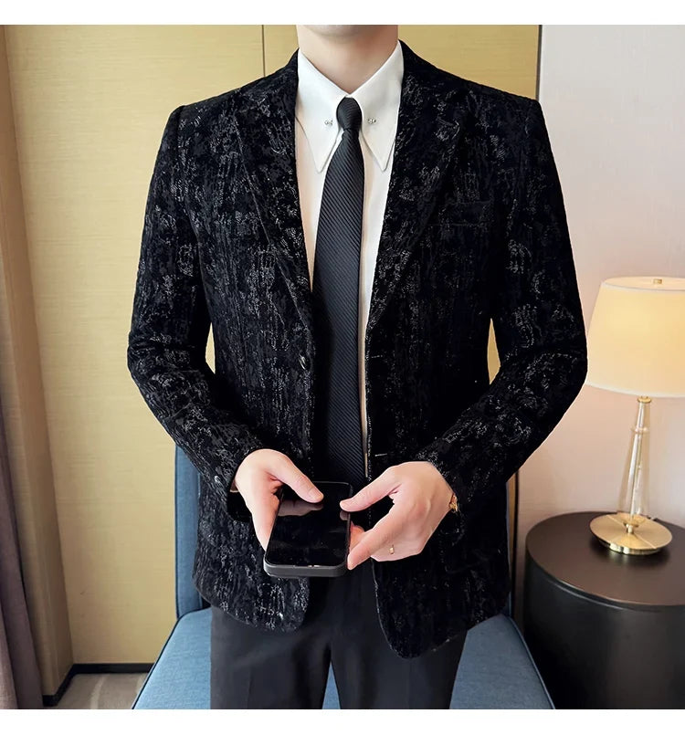 High Quality Plush Jacquard fashion Suit Jacket  Korean Version Slim Fit Business Retro Casual Social Wedding Suit Blazer 5XL-M