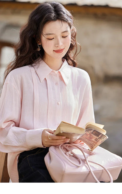 Solid Loose Fit Shirt for Women Spring 2025 Dropped Shoulder Long Sleeved  Top Casual Turn-down Collar Shirts MXE13C0405