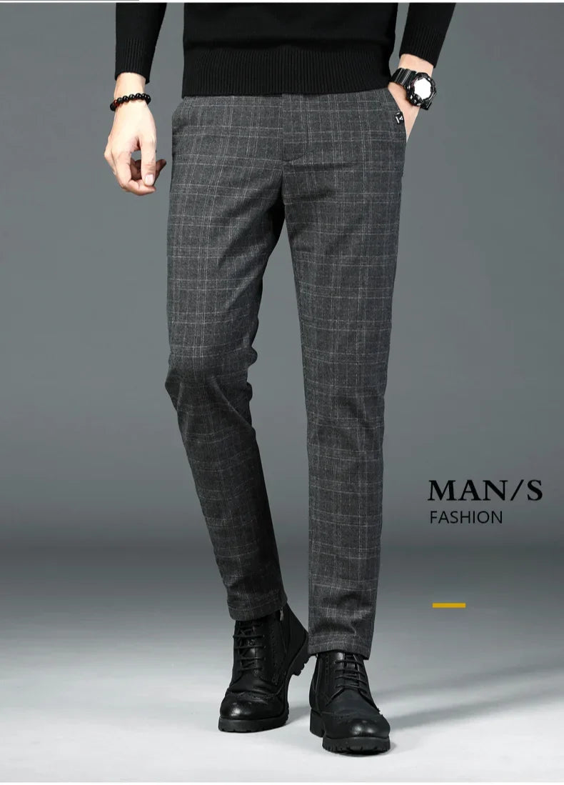Autumn New Men's Plaid Striped Business Casual Pants Classic Fashionable Straight Elastic Casual Trousers Black Gray Male