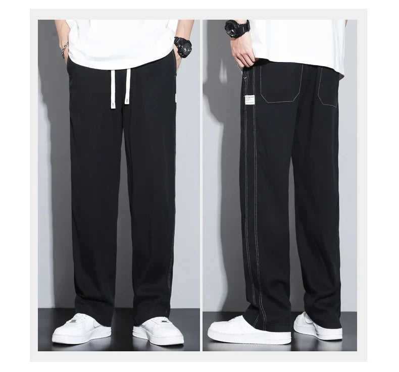 Summer Soft Lyocell Fabric Men's Jeans Thin Loose Straight Pants Drawstring Elastic Waist Korea Casual Trousers Plus Size M-5XL