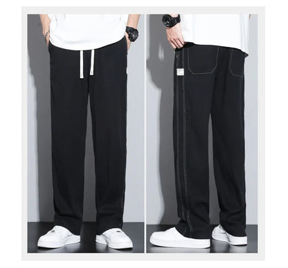Summer Soft Lyocell Fabric Men's Jeans Thin Loose Straight Pants Drawstring Elastic Waist Korea Casual Trousers Plus Size M-5XL